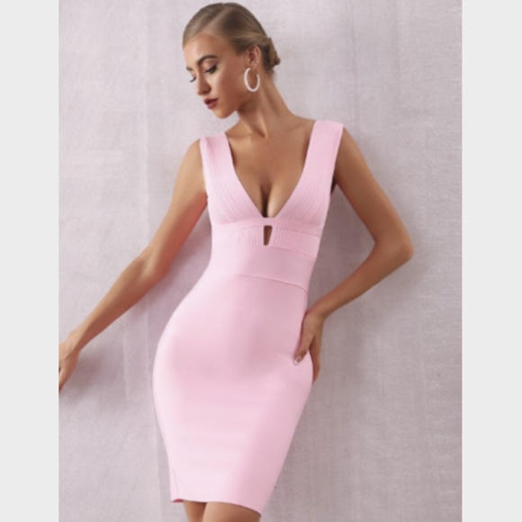 BEVERLY HILLS BOUTIQUE Dresses & Skirts - PINK BANDAGE DRESS DEEP V NECK BACKLESS BABY PINK DRESS